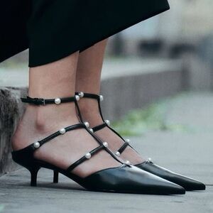 Zara black sling back pearl strappy kitten heels - RARE